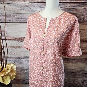 NEW SHEIN CURVE PINK FLORAL V NECK CUFF-SLEEVE PULLOVER TOP BLOUSE